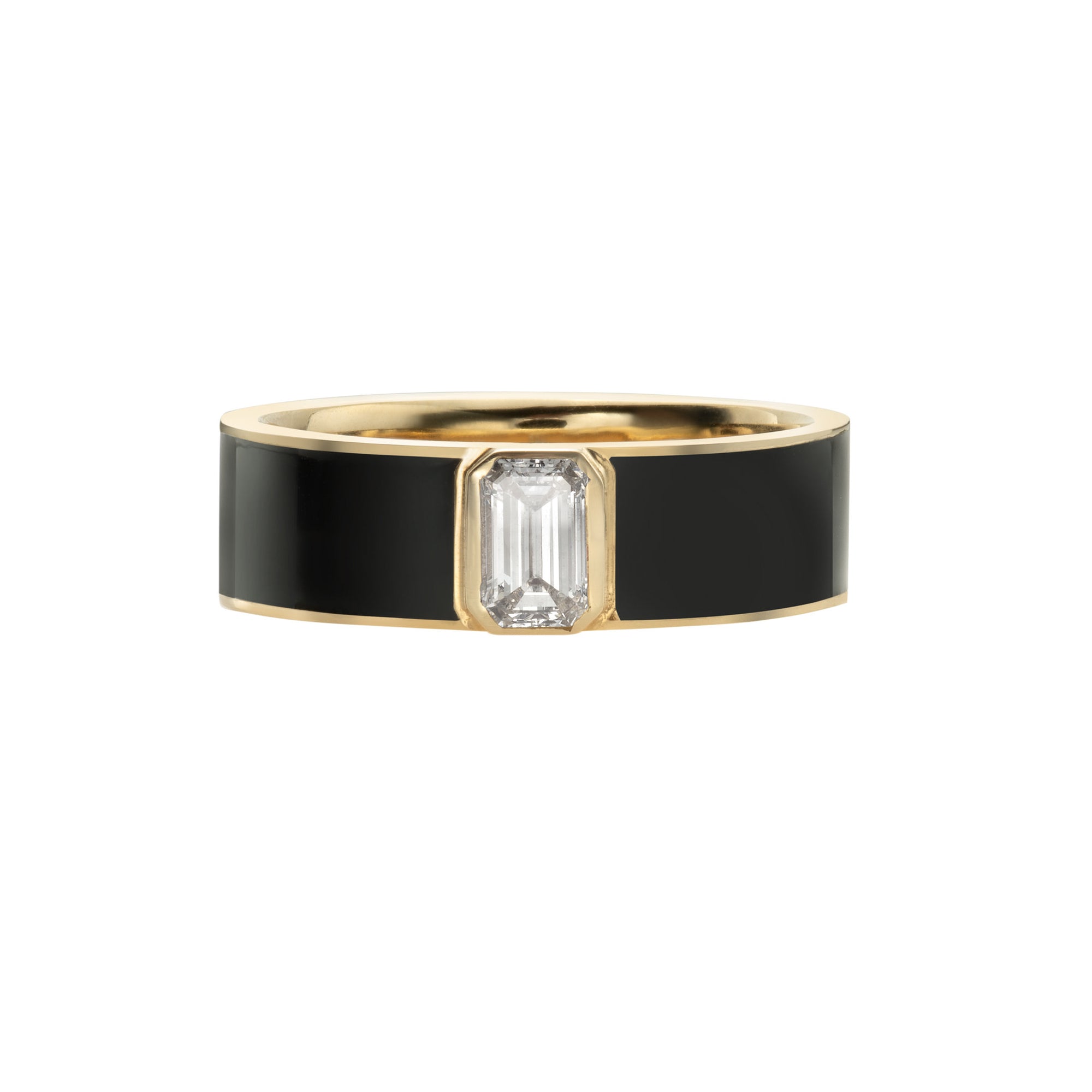gold ring with black enamel and emerald-cut diamond
