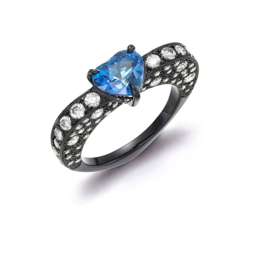 blackened gold diamonds blue sapphire ring