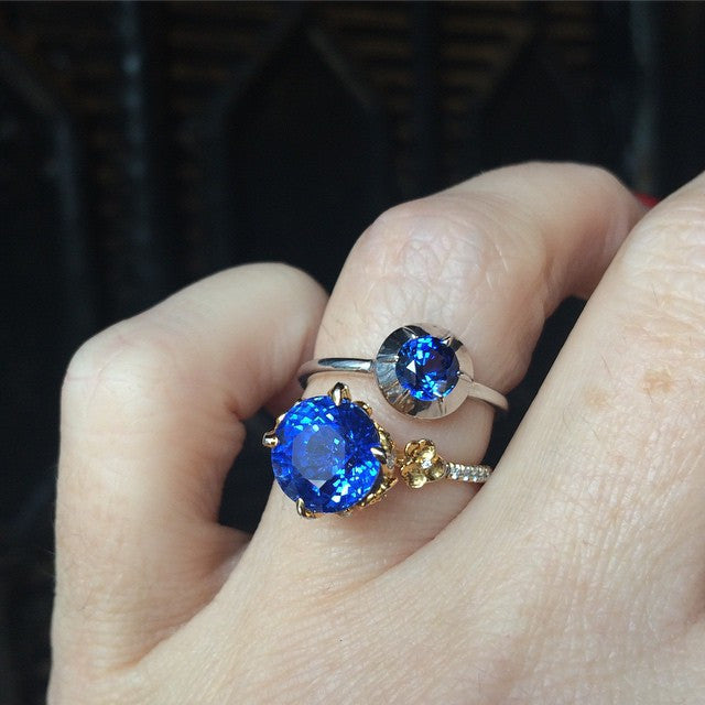 Unique designer heirloom sapphire and diamond engagement ring