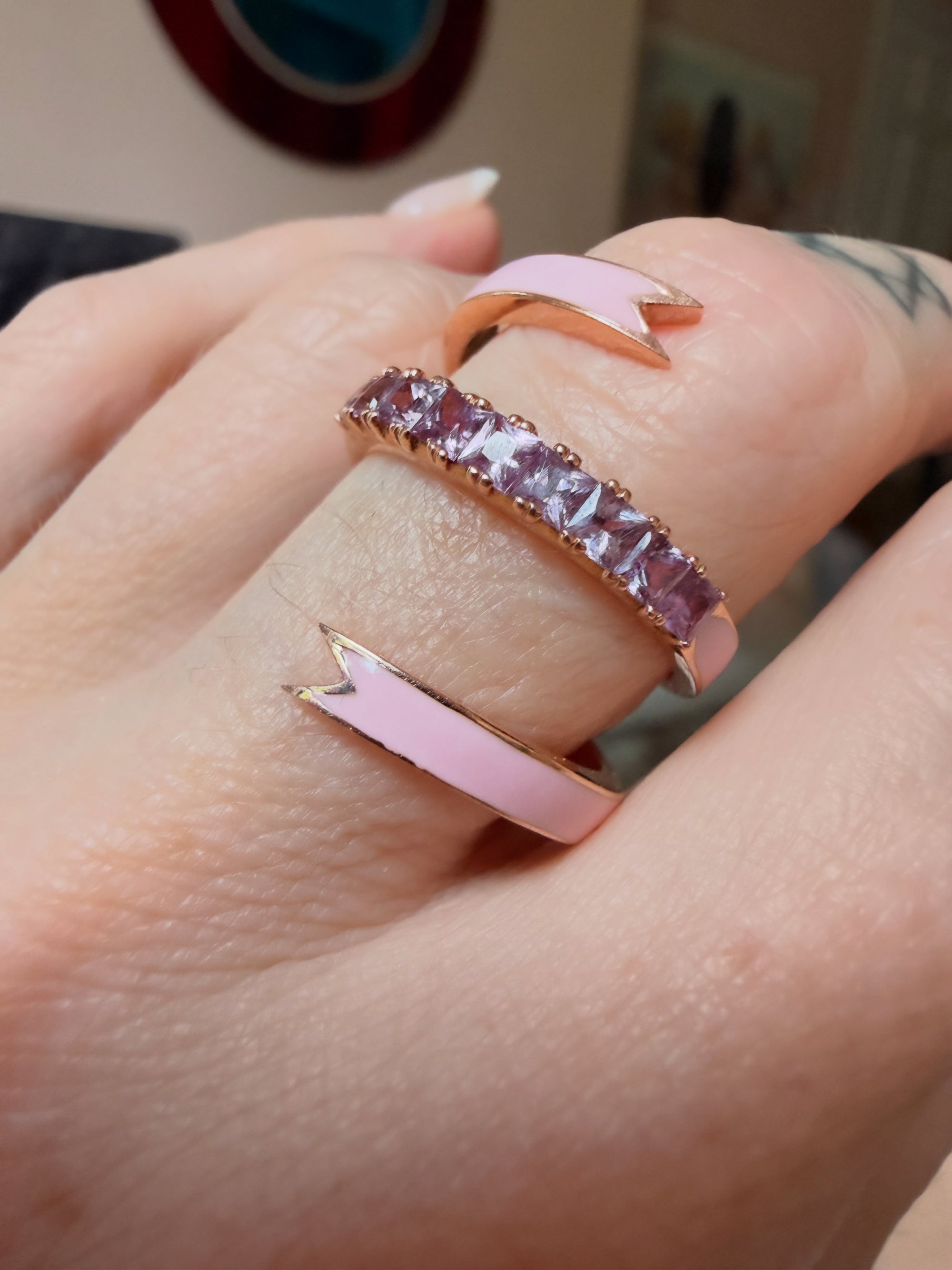 Ribbon Ring Pink Sapphires and Pastel Pink Enamel
