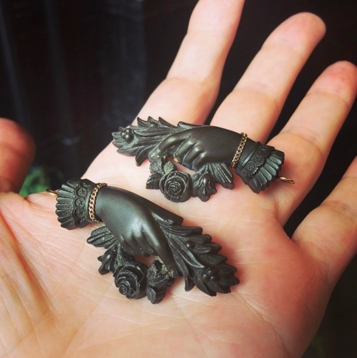 Victorian Carved Vulcanite Hand Earrings