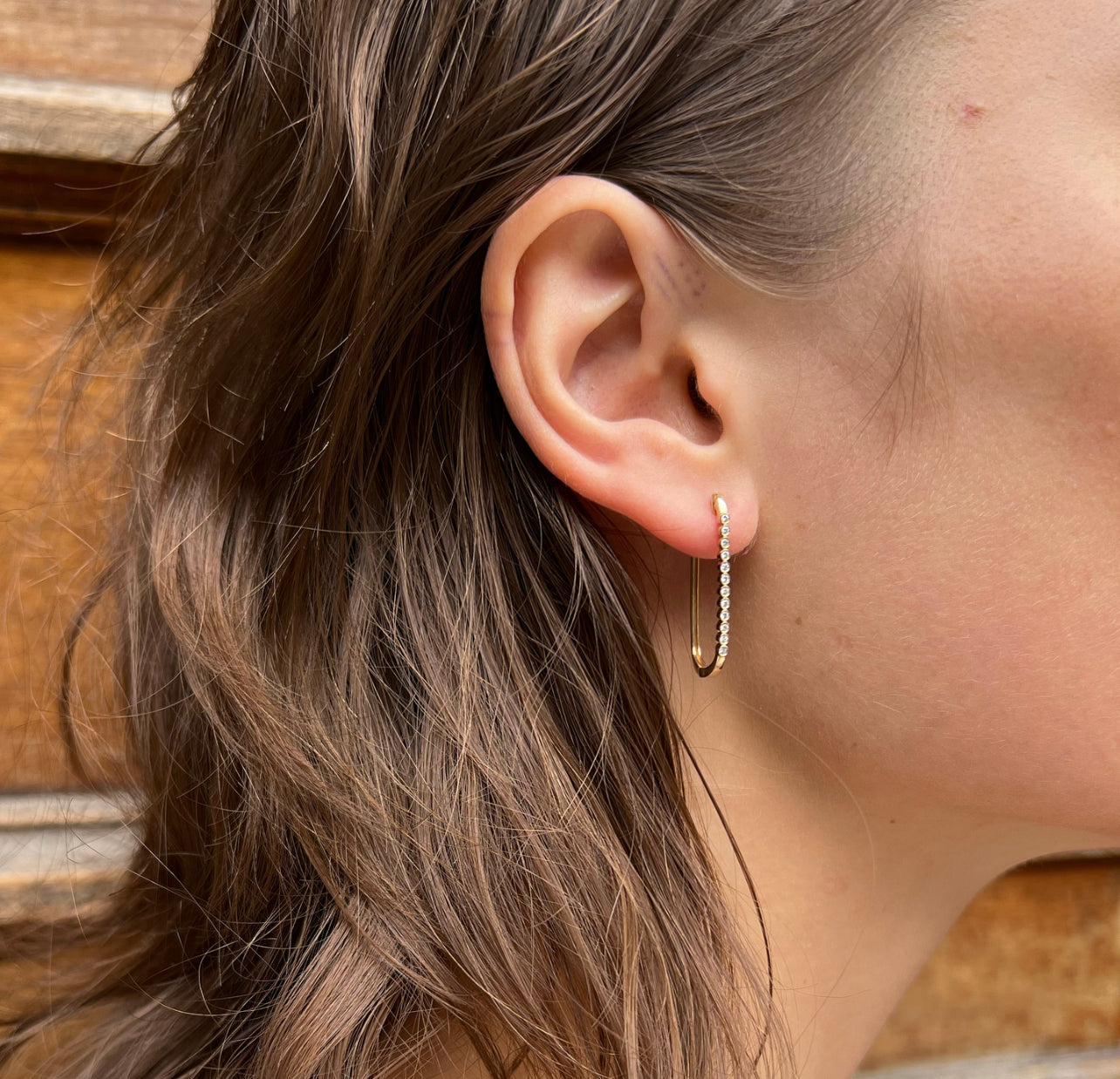 Paperclip Hoops with Diamonds in Yellow Gold