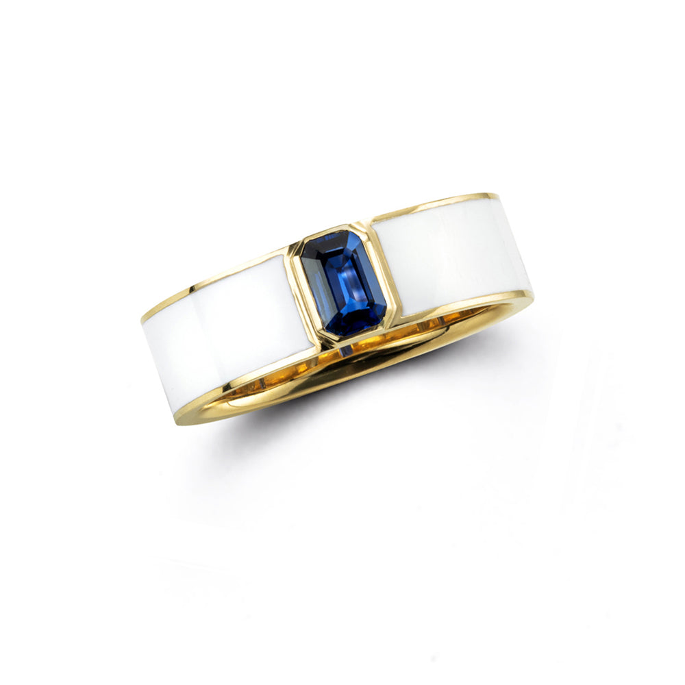 white enamel blue sapphire gold ring