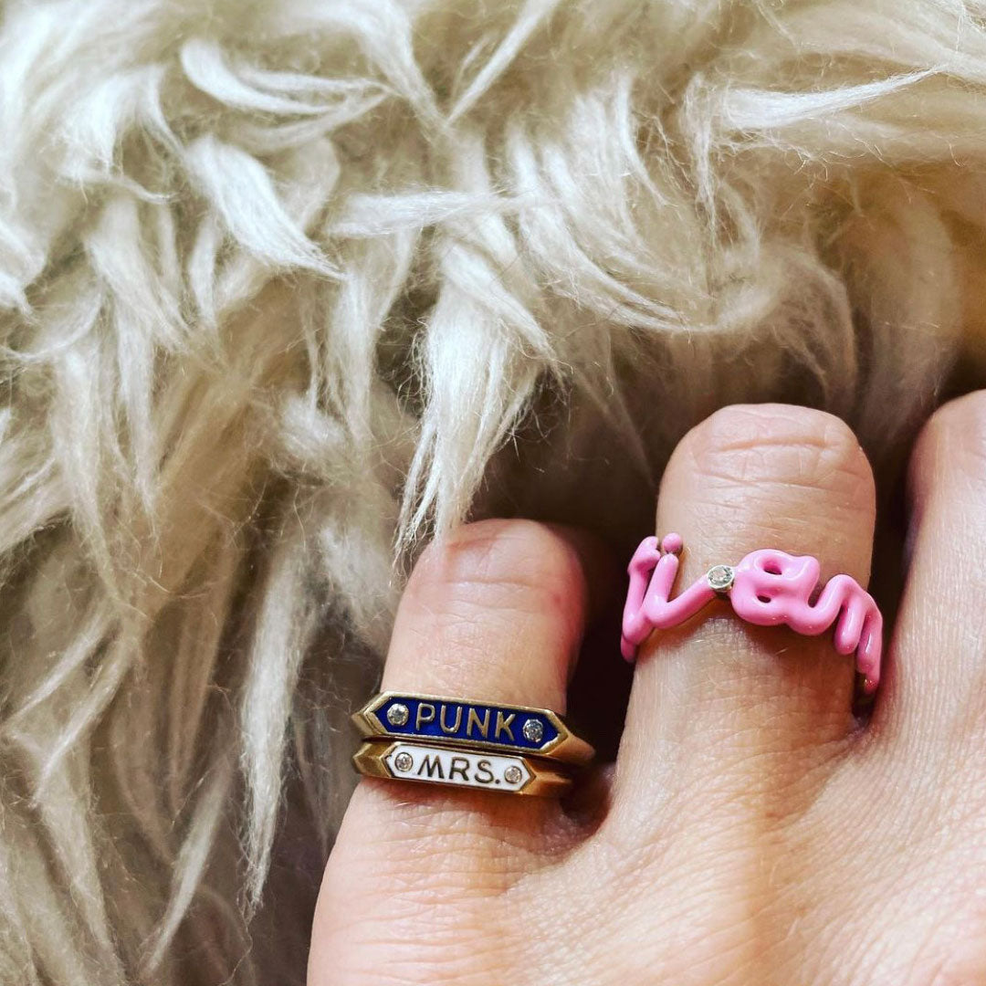 ti amo script ring pink on finger