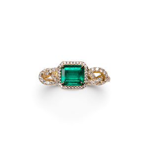 Unique designer diamond emerald engagement ring with love knots