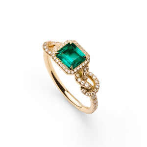 Unique designer diamond emerald engagement ring with love knots