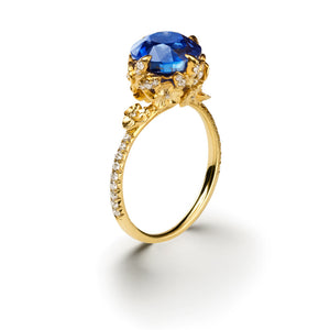 Unique designer heirloom sapphire and diamond engagement ring 