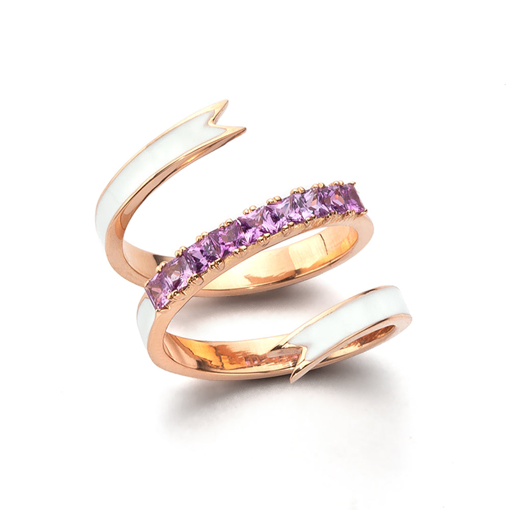 Ribbon Ring Pink Sapphires and Pastel Pink Enamel